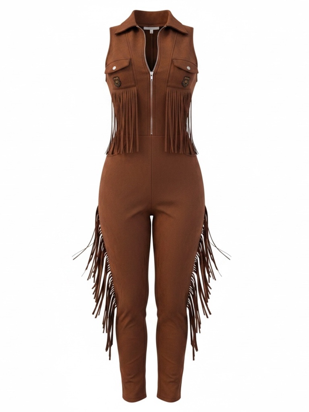 Oyrsoy Fringed Brown Faux Suede Western Style Sleeveless Zip up Jumpsuit - Sz S